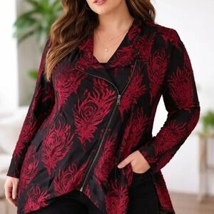 NWT Calessa Burnout Asymmetric Zip Jacket Plus Size 3X Red Black Peacock Feather